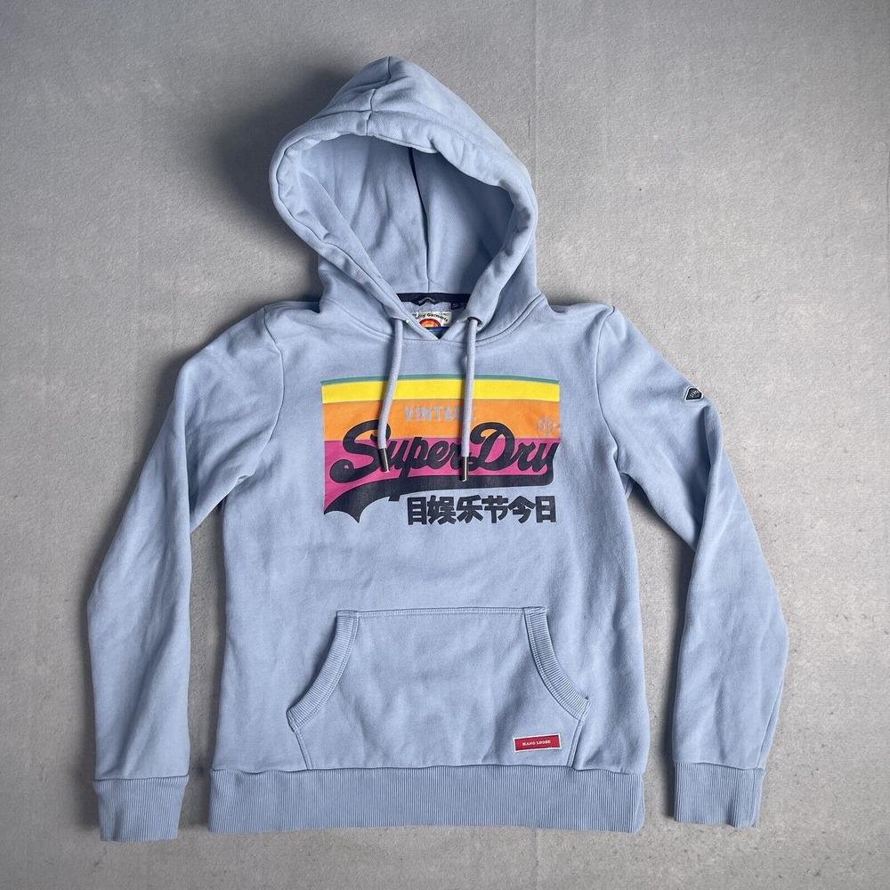 Superdry Hooded Pullover Long Sleeve Sweatshirt Woman Sz 8 Sky Blue Graphic Prin